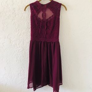 Maroon Lace/Chiffon High Neck Dress Keyhole Back L